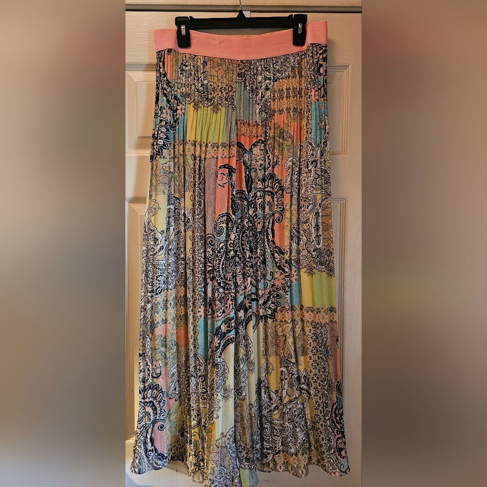 Pleated Pastel Patchwork Maxi Skirt Pant with Pink Waistband